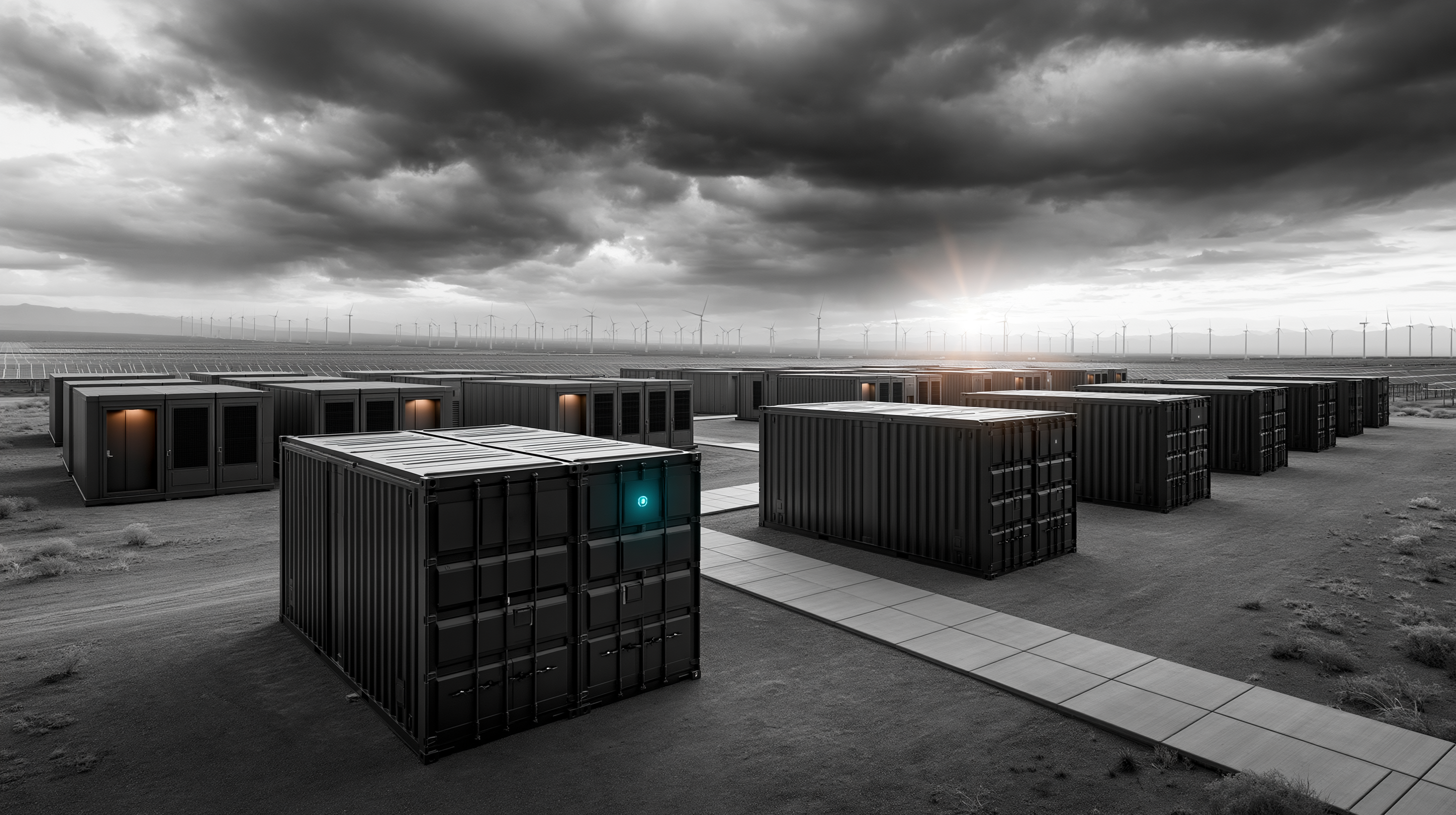 BESS containers and modular data infrastructure in an industrial yard