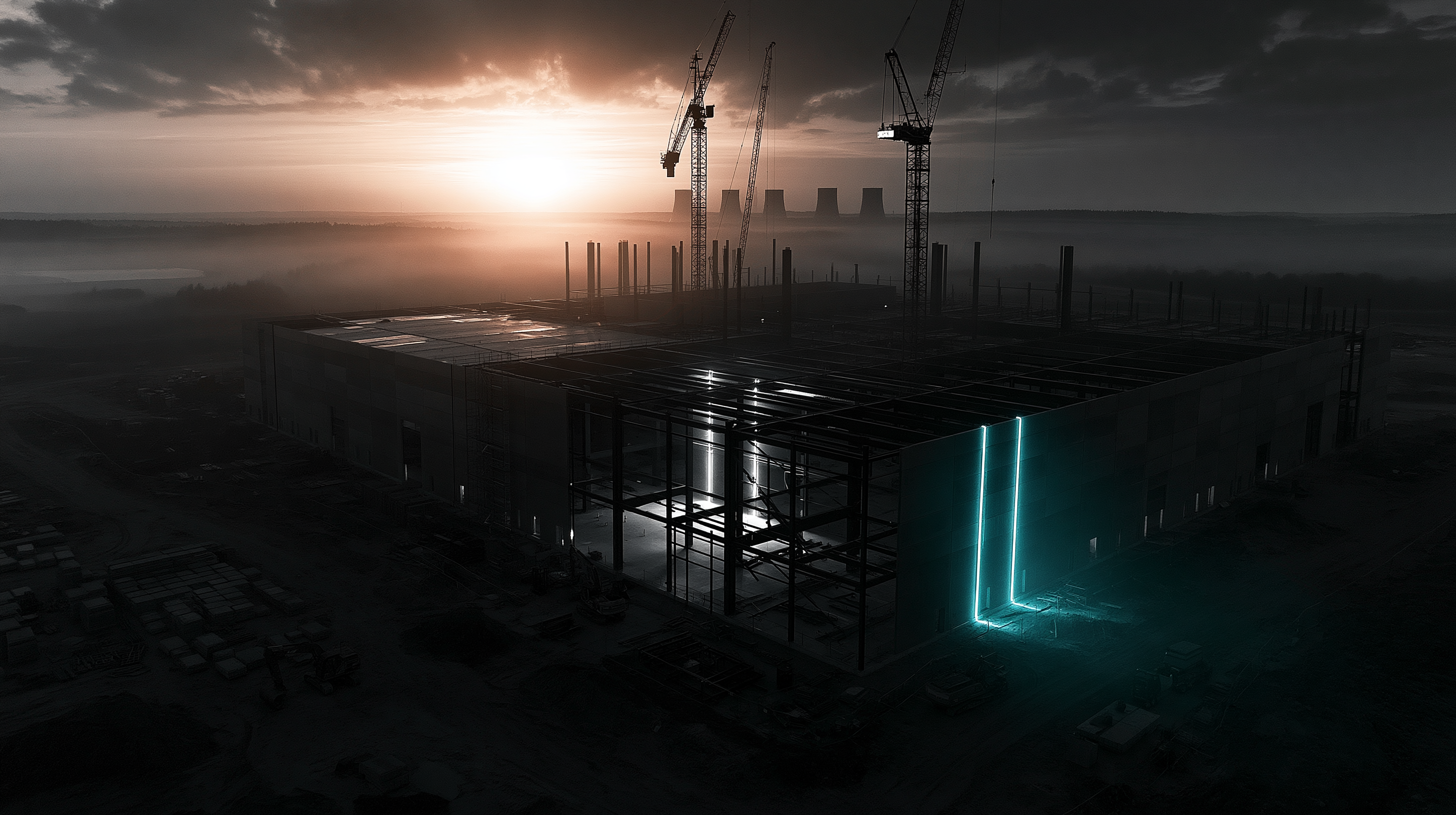 Large-scale industrial construction site at dusk